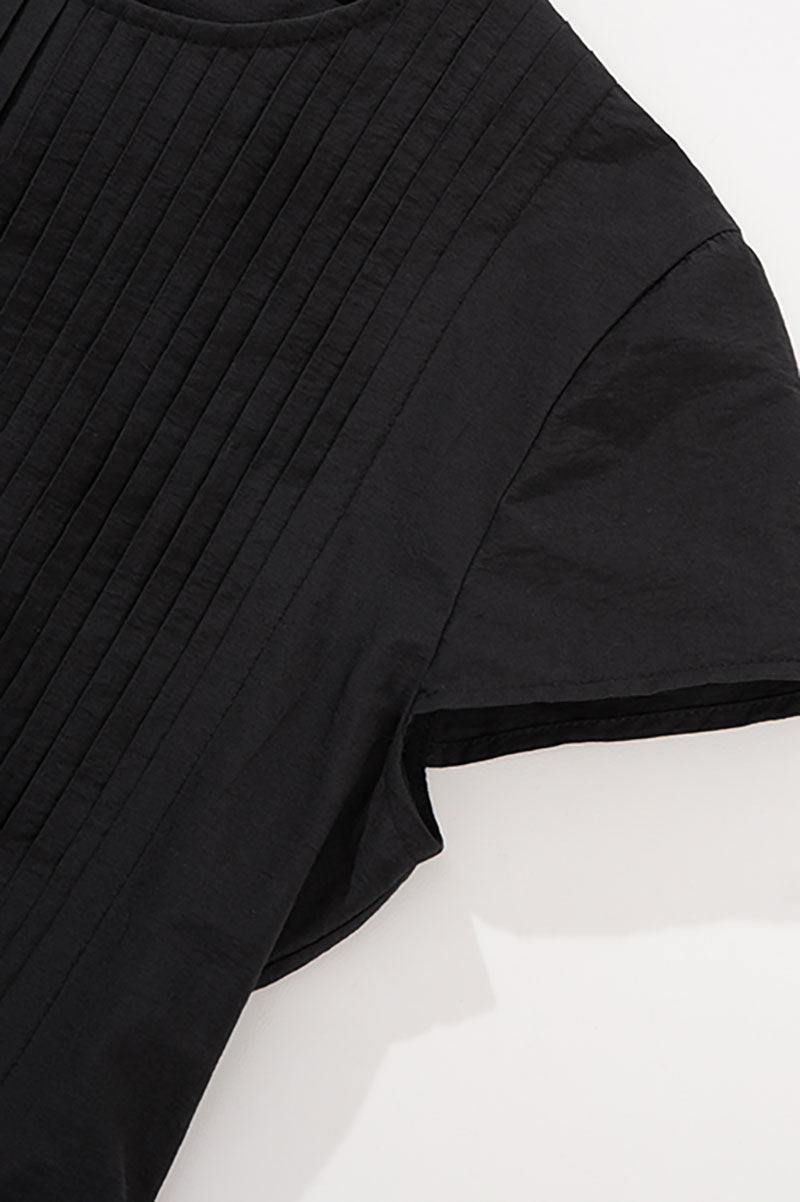 Black Long-Staple Cotton Midi Dress with Front Pleat