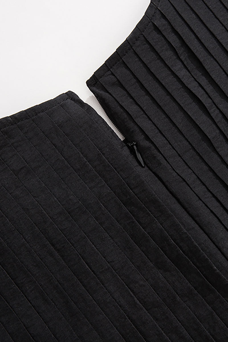 Black Long-Staple Cotton Midi Dress with Front Pleat