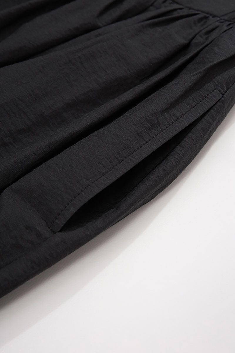 Black Long-Staple Cotton Midi Dress with Front Pleat