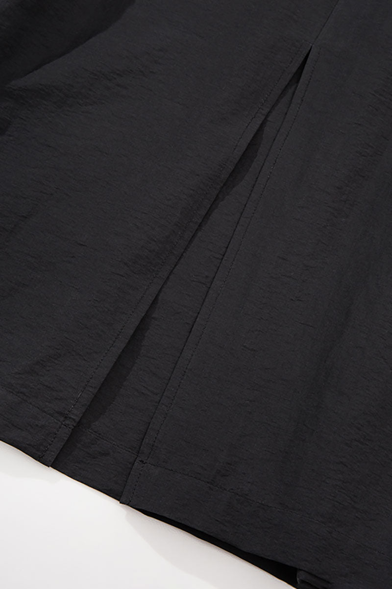 Black Long-Staple Cotton Midi Dress with Front Pleat