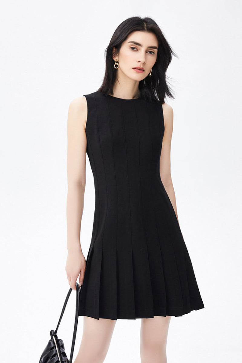 Black Pleated Sleeveless A-Line Mini Dress in Triacetate