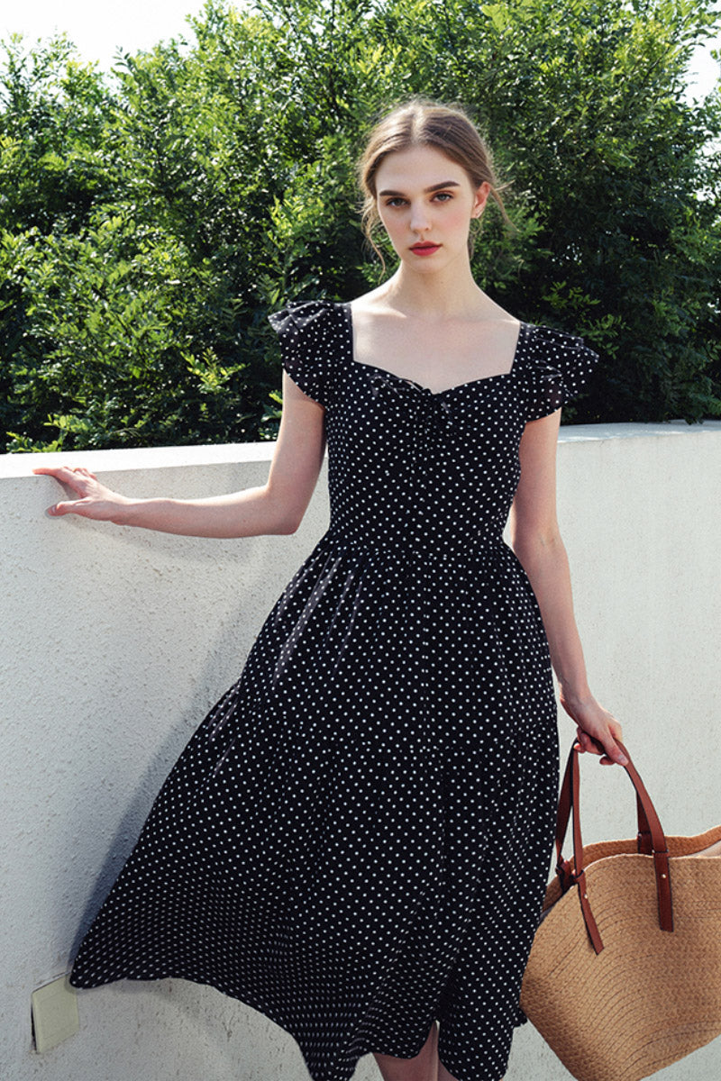 Black Polka-Dot Sweetheart Midi Dress