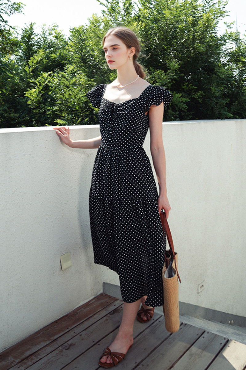 Black Polka-Dot Sweetheart Midi Dress