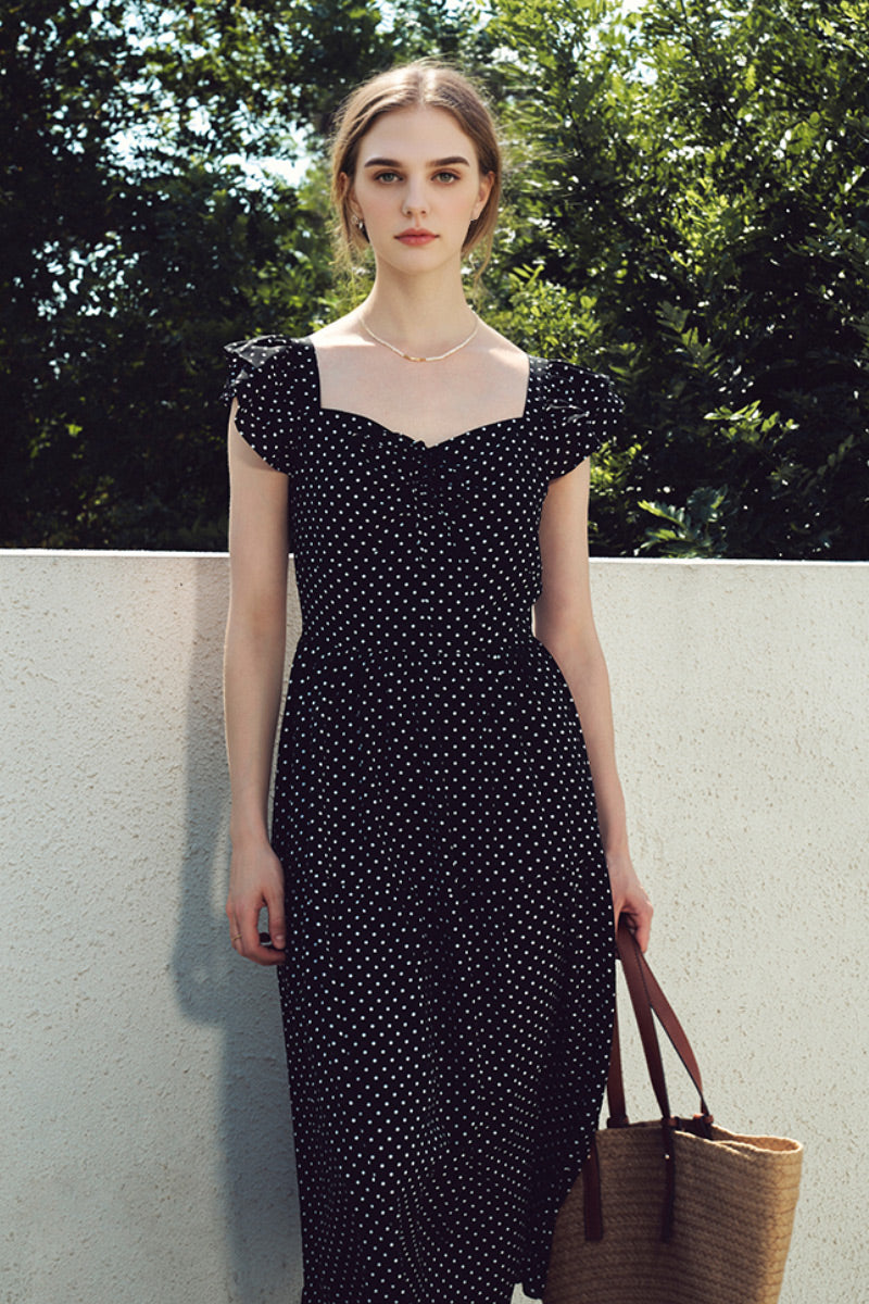 Black Polka-Dot Sweetheart Midi Dress