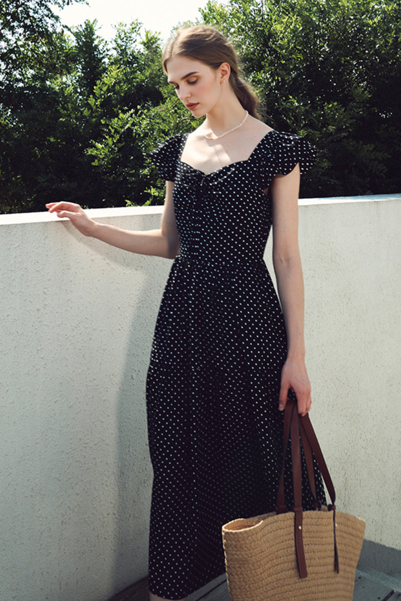 Black Polka-Dot Sweetheart Midi Dress