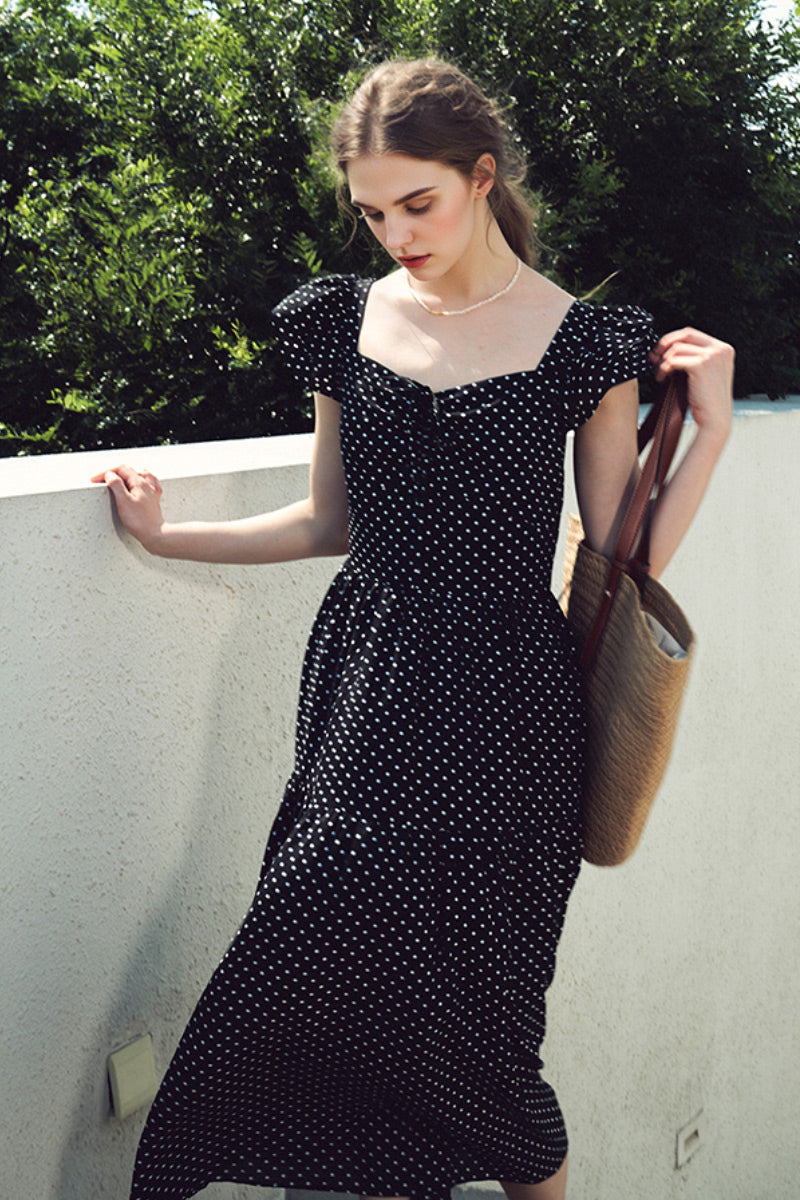 Black Polka-Dot Sweetheart Midi Dress