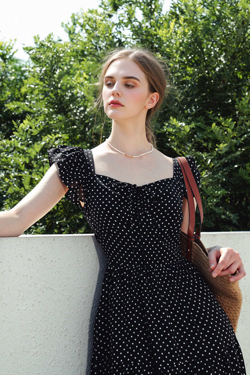 Black Polka-Dot Sweetheart Midi Dress