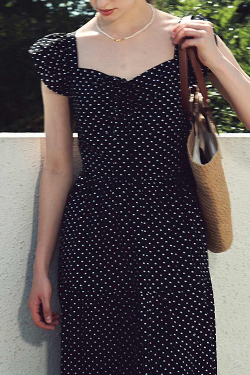 Black Polka-Dot Sweetheart Midi Dress