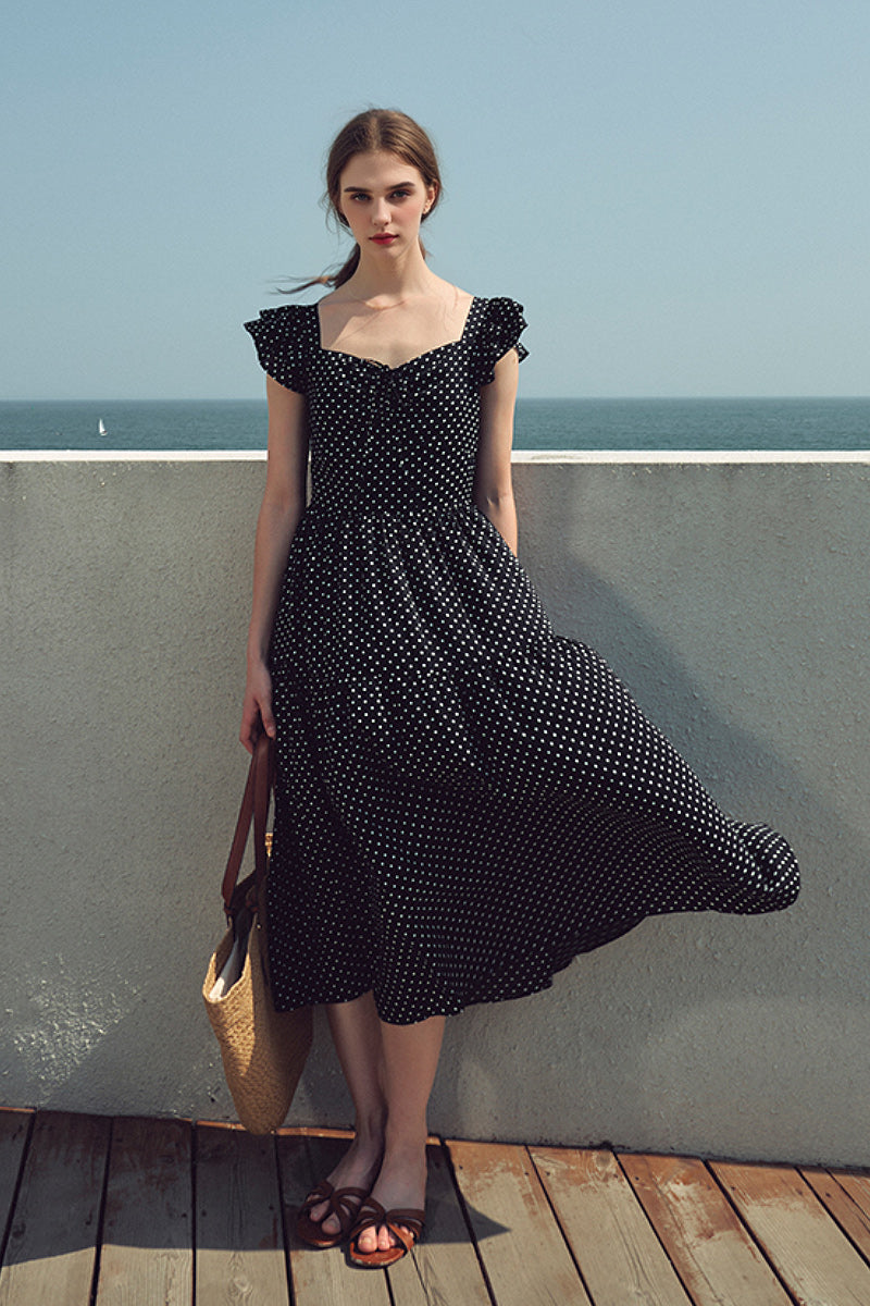 Black Polka-Dot Sweetheart Midi Dress