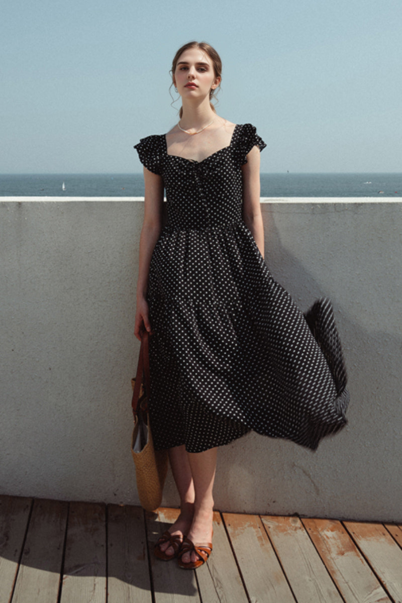 Black Polka-Dot Sweetheart Midi Dress