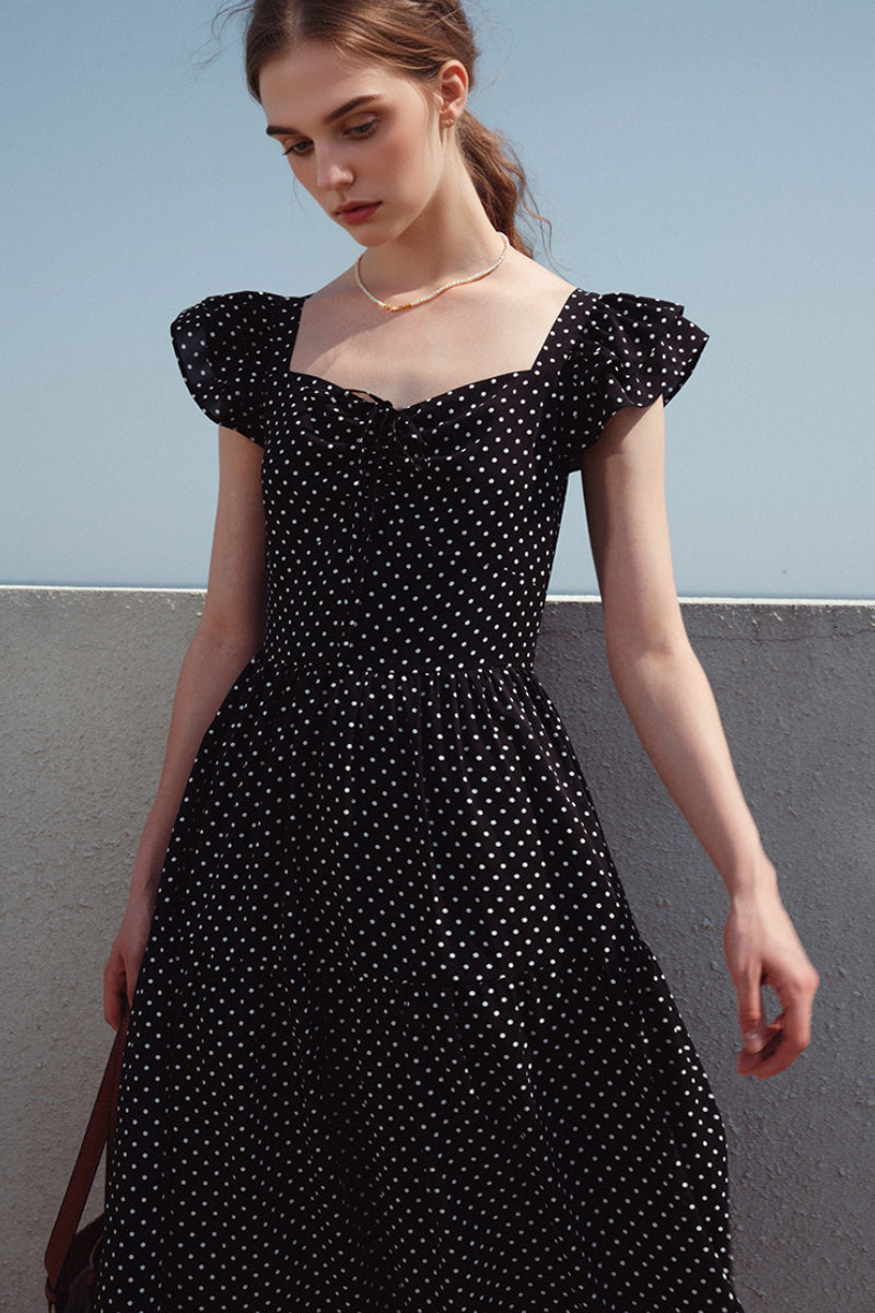 Black Polka-Dot Sweetheart Midi Dress