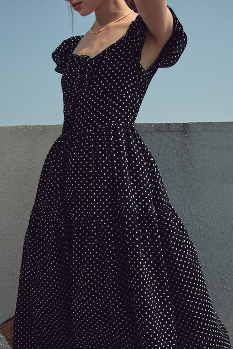 Black Polka-Dot Sweetheart Midi Dress