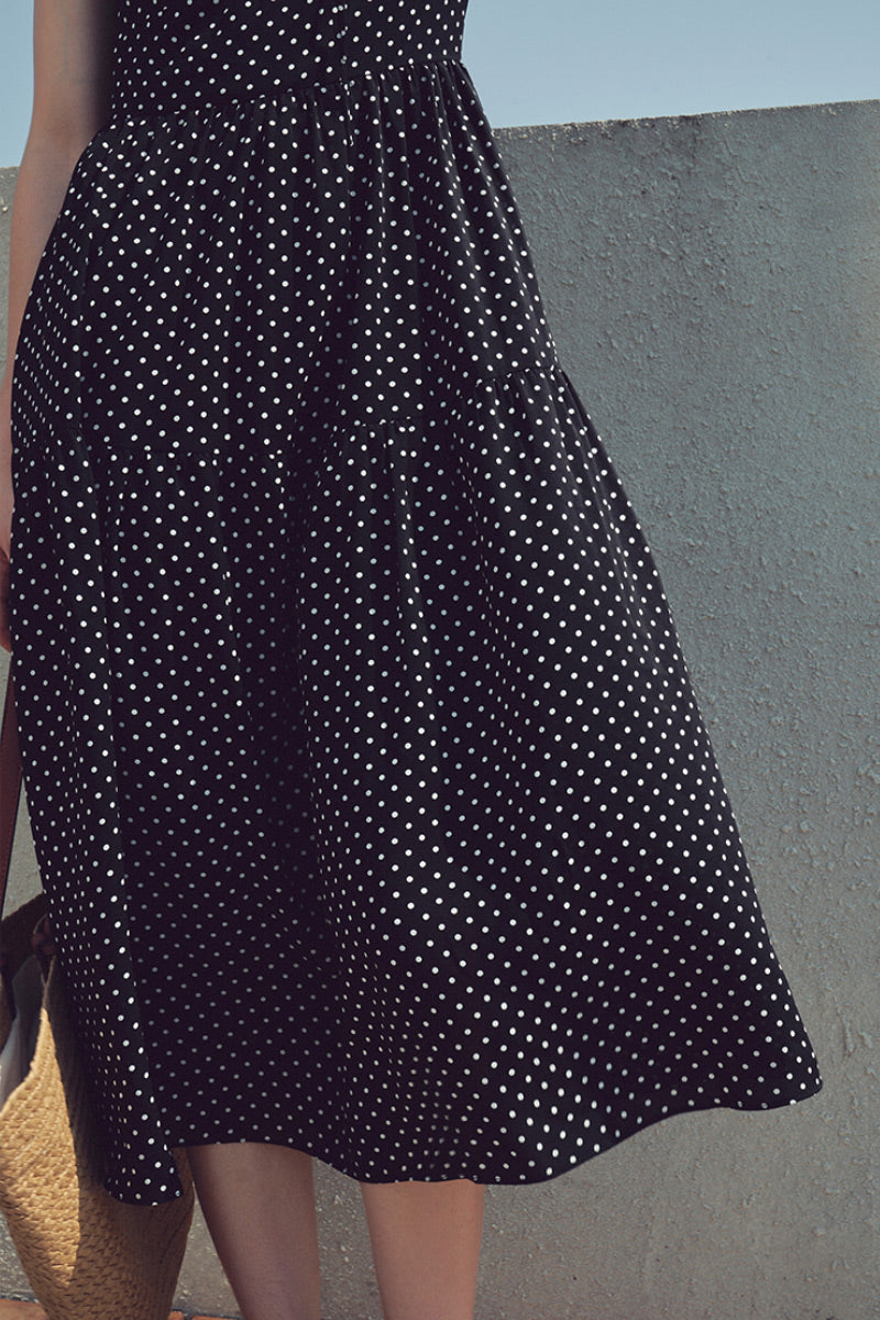 Black Polka-Dot Sweetheart Midi Dress