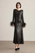 Black Sequin Long Sleeve Midi Dress with Feather Cuffs