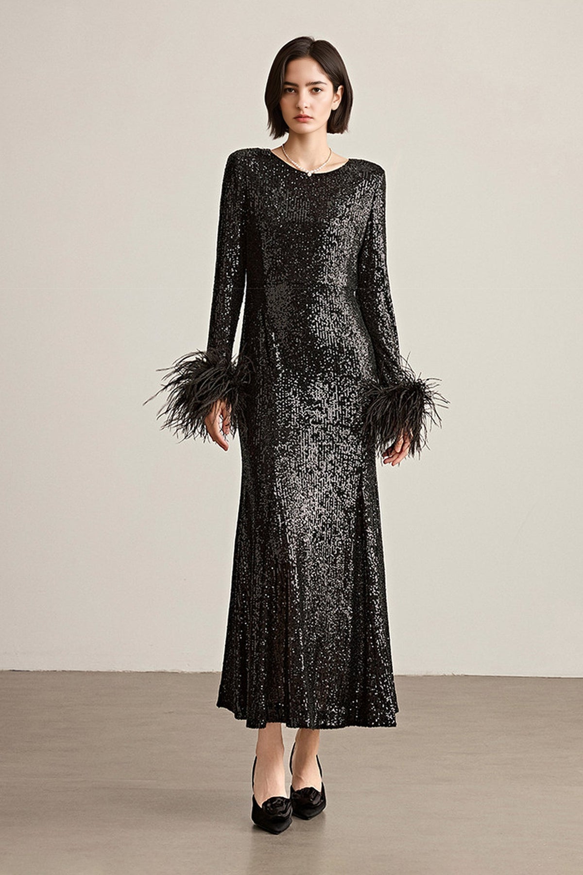 Black Sequin Long Sleeve Midi Dress with Feather Cuffs