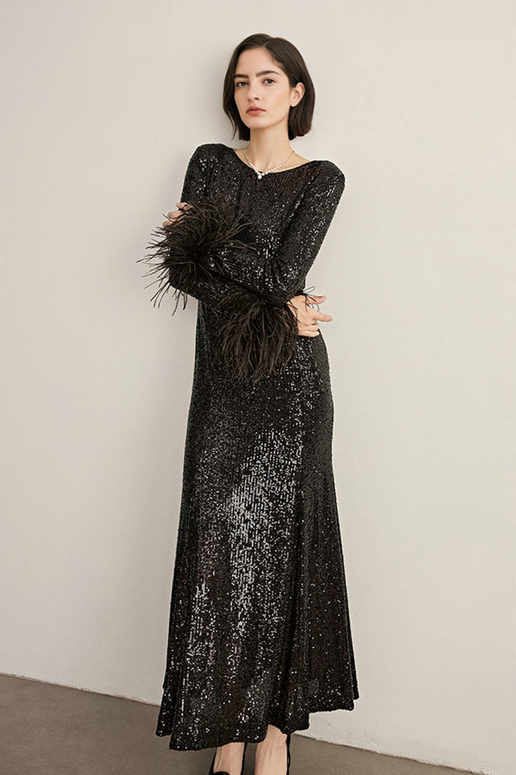 Black Sequin Long Sleeve Midi Dress with Feather Cuffs
