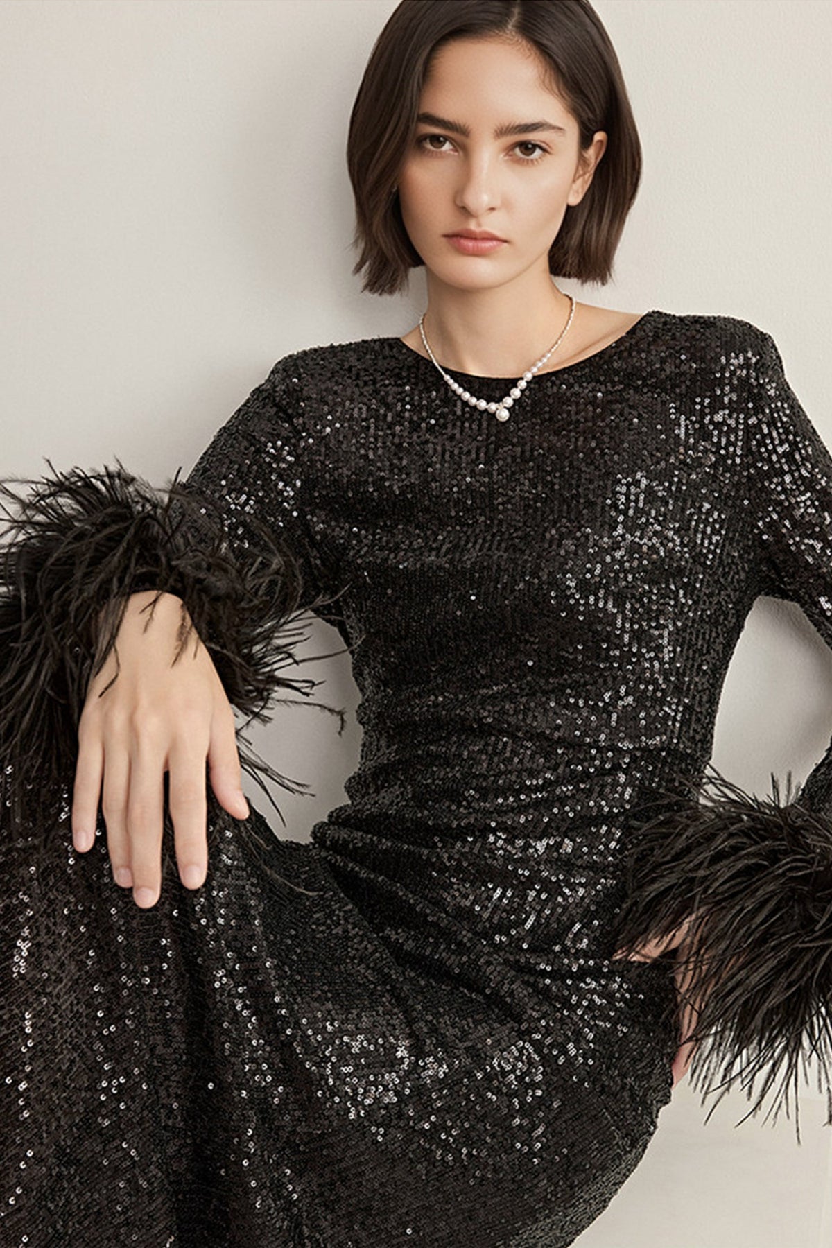 Black Sequin Long Sleeve Midi Dress with Feather Cuffs