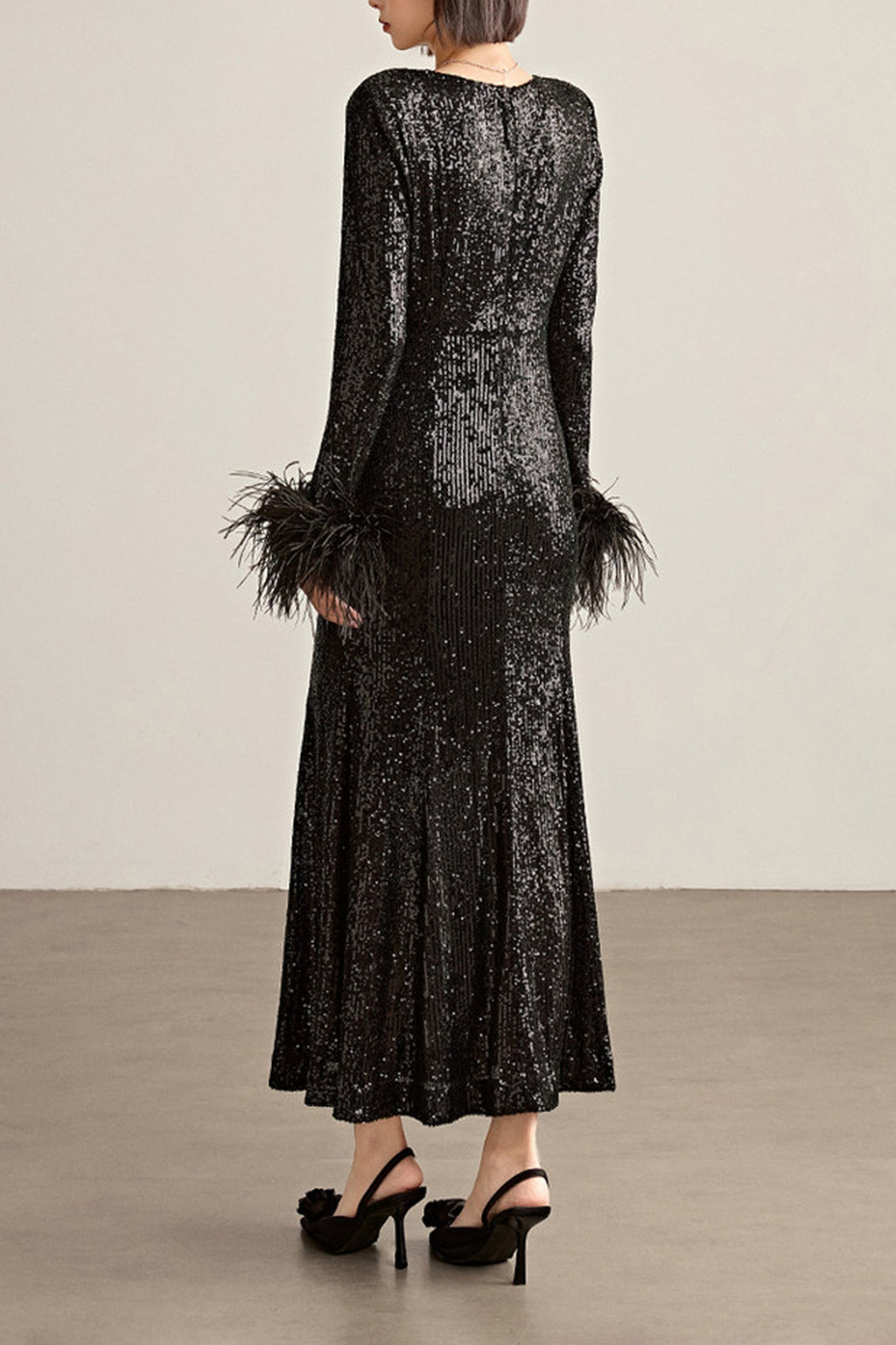 Black Sequin Long Sleeve Midi Dress with Feather Cuffs