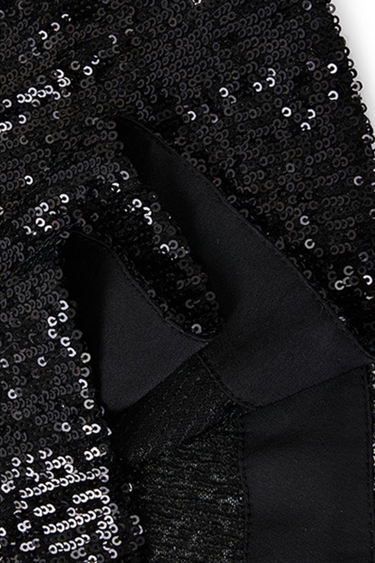 Black Sequin Long Sleeve Midi Dress with Feather Cuffs