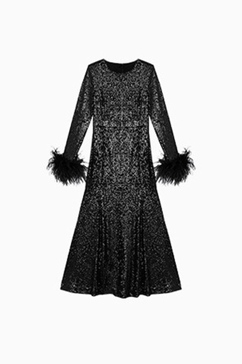 Black Sequin Long Sleeve Midi Dress with Feather Cuffs
