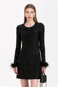 Black Sequin Long Sleeve Mini Dress with Feather Cuffs