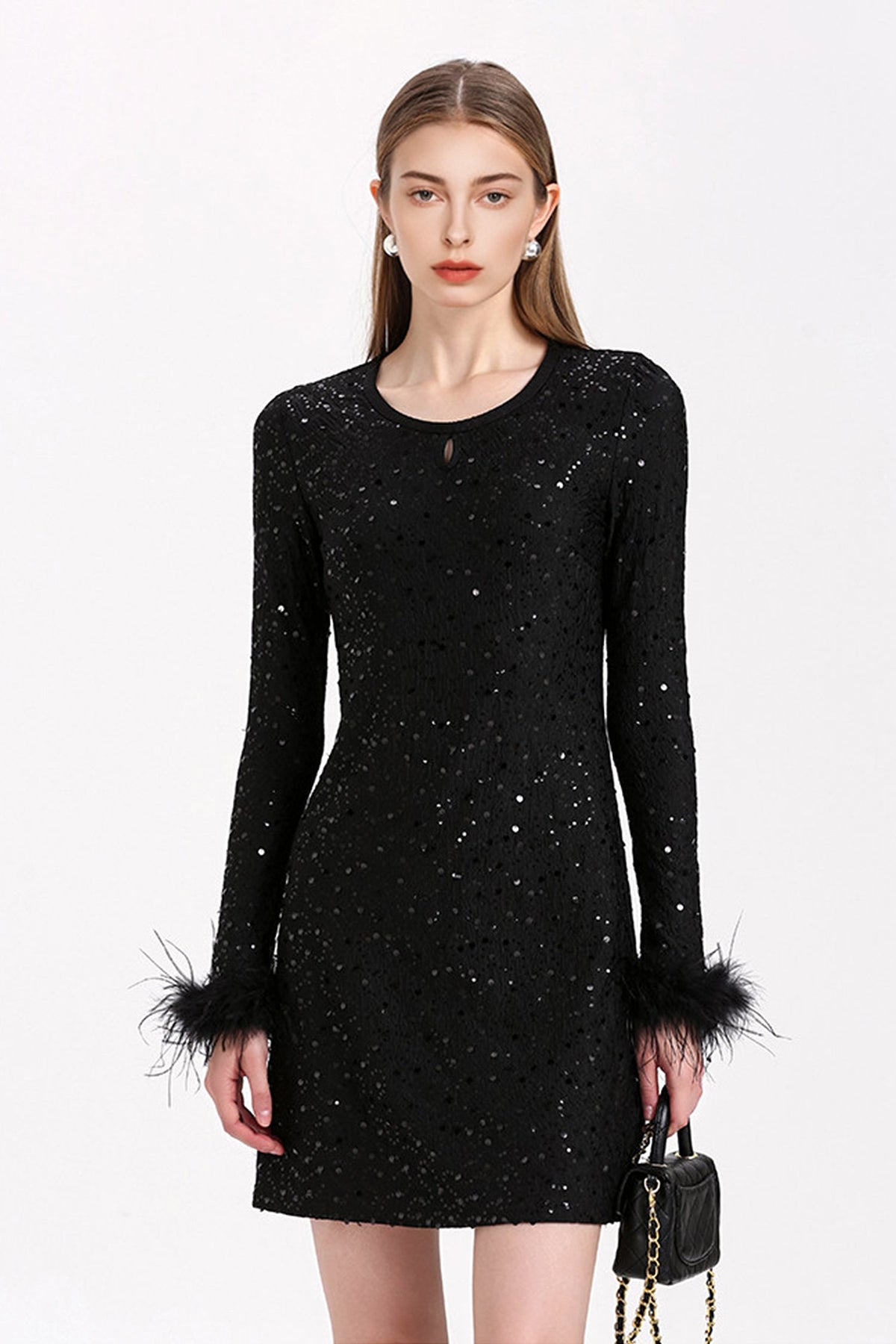 Black Sequin Long Sleeve Mini Dress with Feather Cuffs