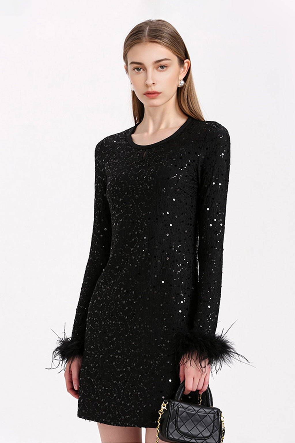 Black Sequin Long Sleeve Mini Dress with Feather Cuffs