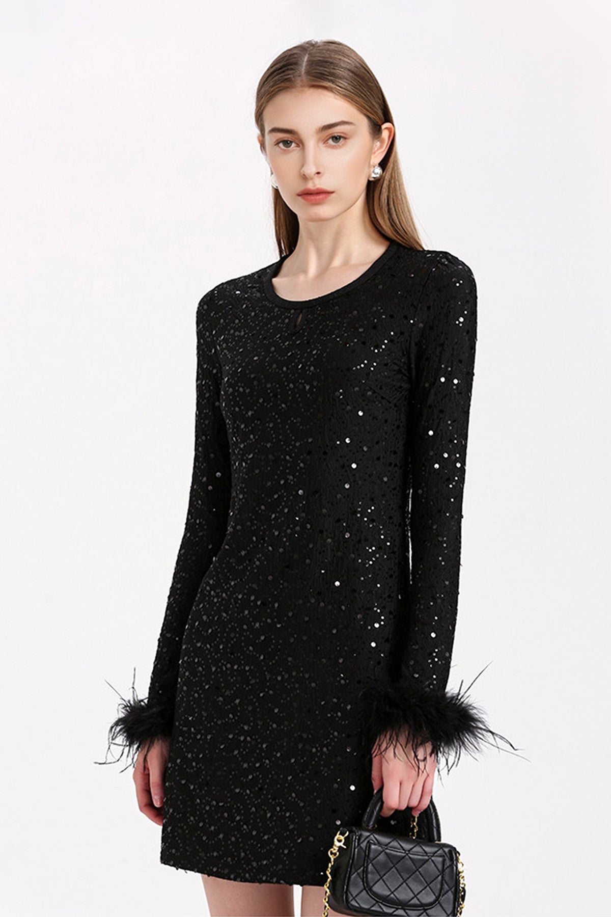 Black Sequin Long Sleeve Mini Dress with Feather Cuffs