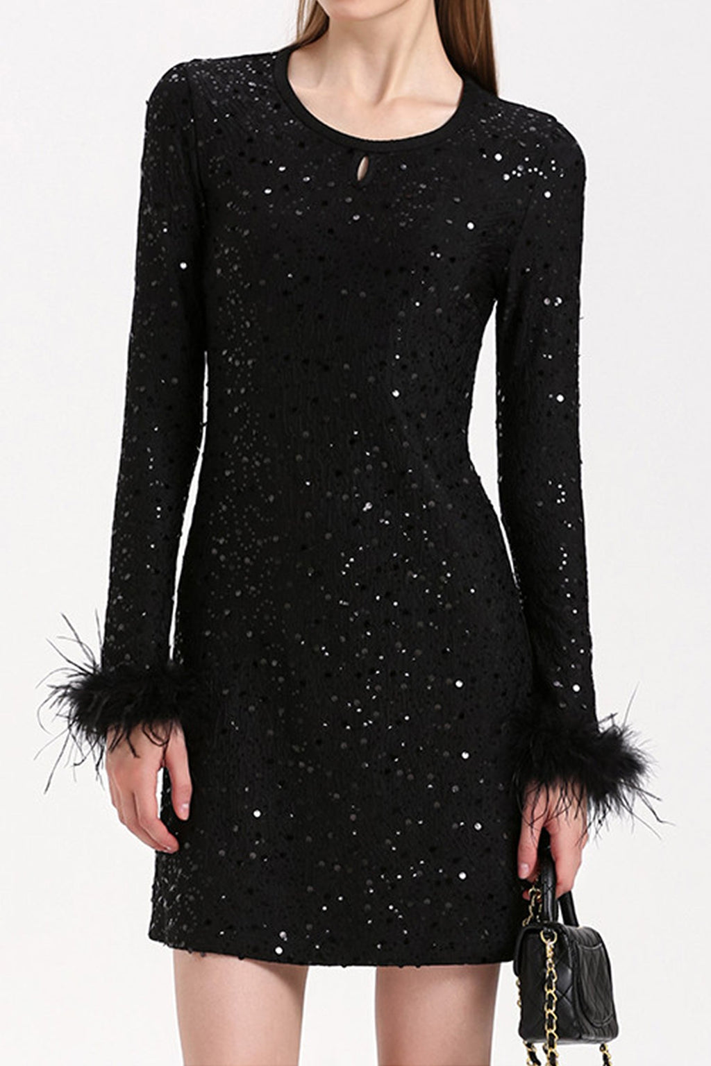 Black Sequin Long Sleeve Mini Dress with Feather Cuffs