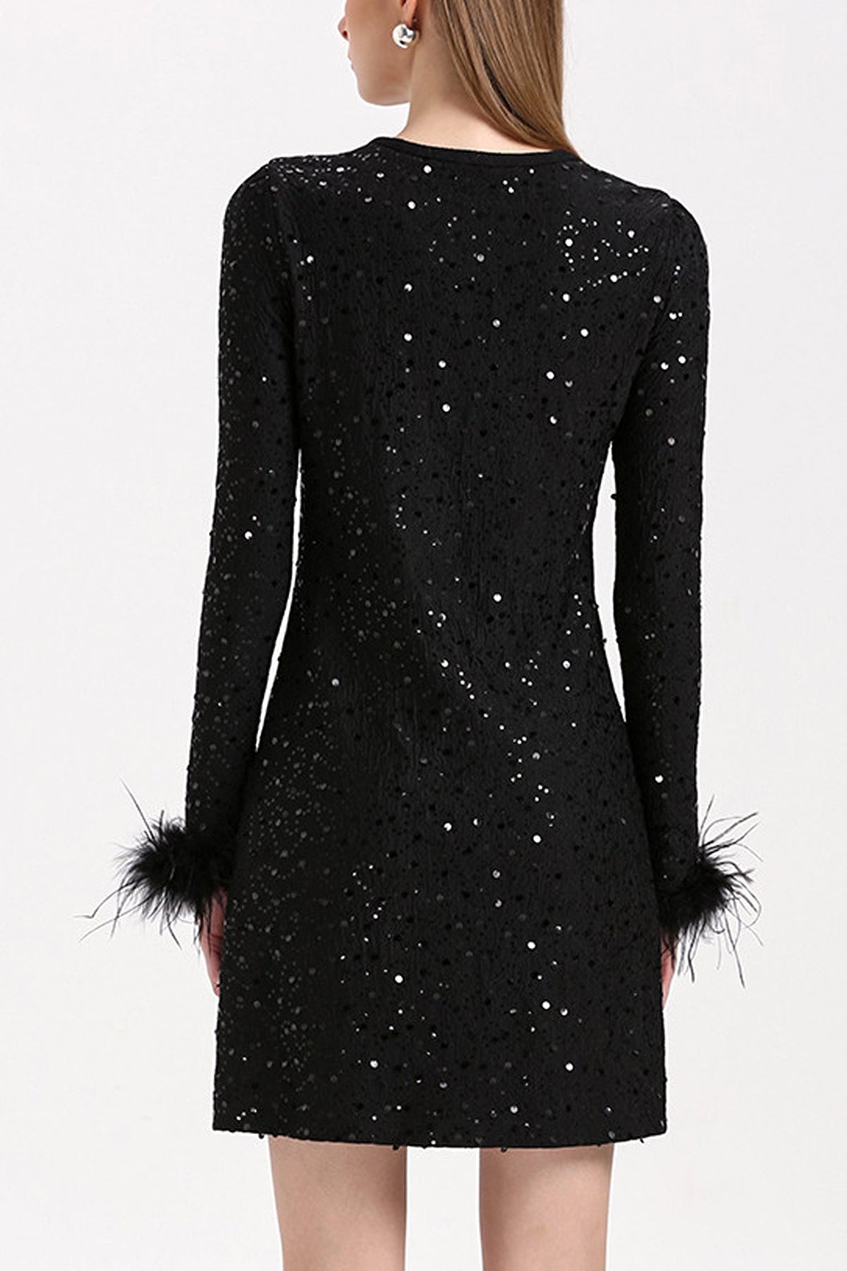 Black Sequin Long Sleeve Mini Dress with Feather Cuffs