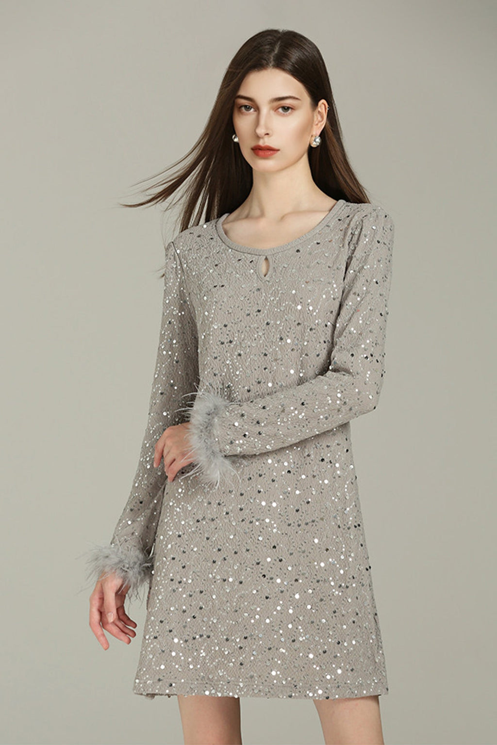 Black Sequin Long Sleeve Mini Dress with Feather Cuffs