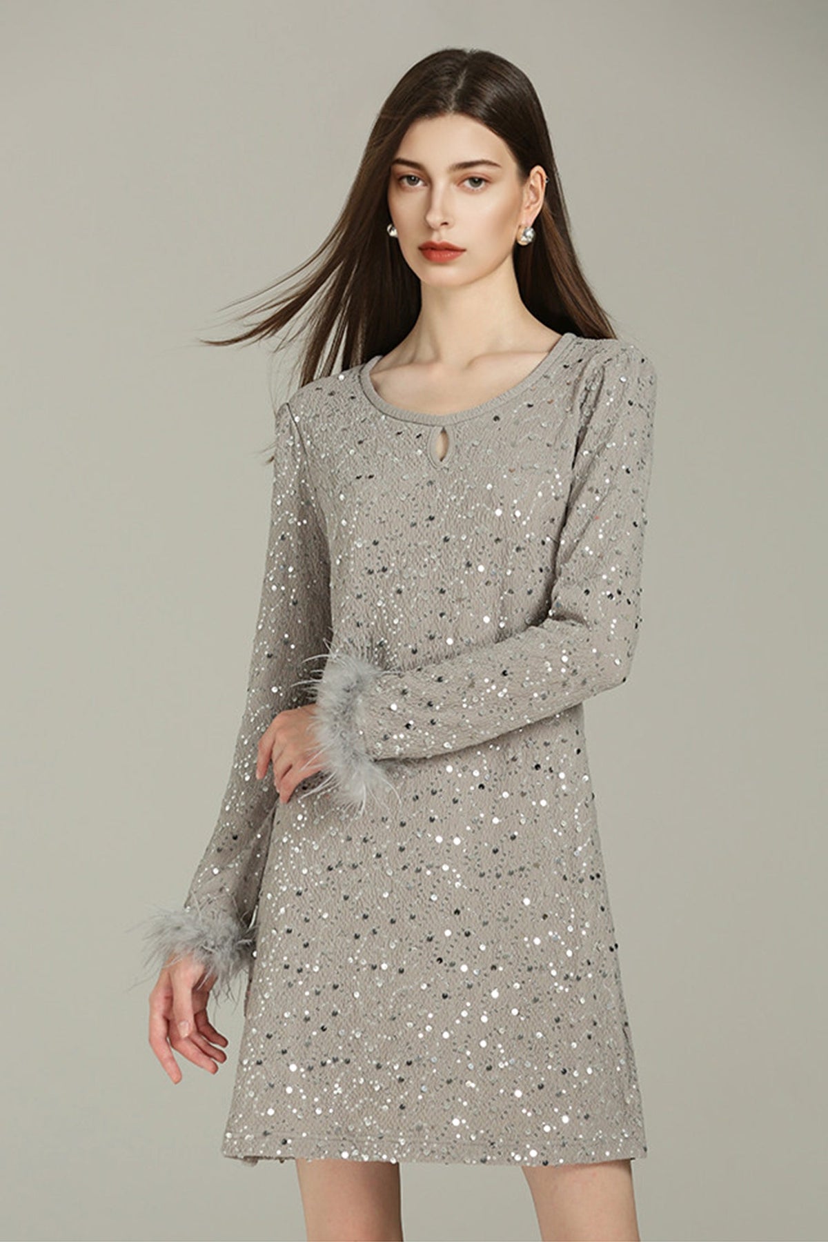 Black Sequin Long Sleeve Mini Dress with Feather Cuffs