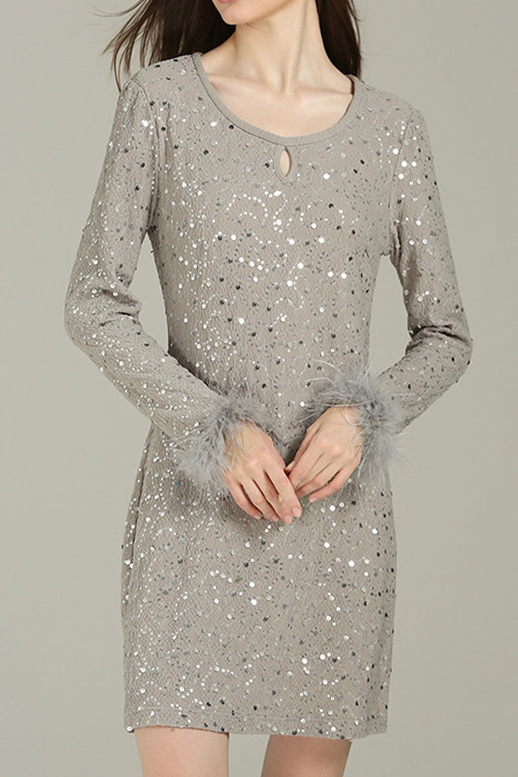Black Sequin Long Sleeve Mini Dress with Feather Cuffs