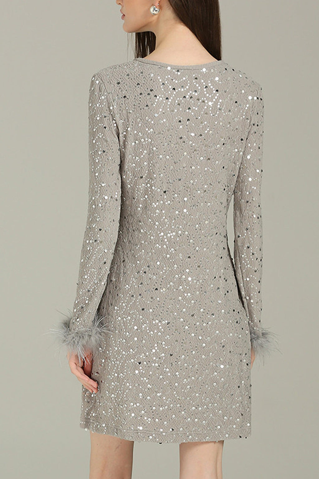 Black Sequin Long Sleeve Mini Dress with Feather Cuffs
