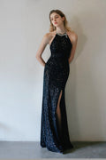 Black Sequined Halter Open-Back Evening Gown with High Slit