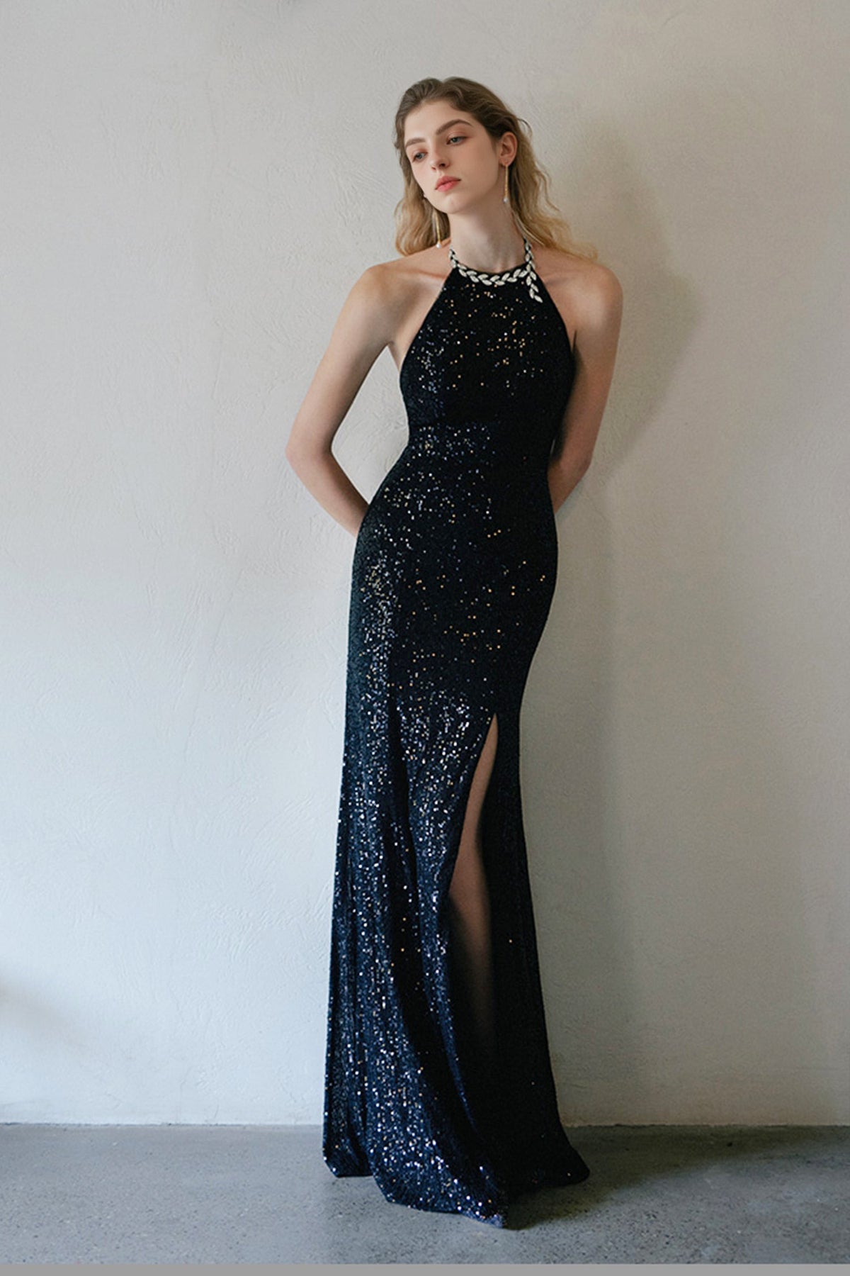 Black Sequined Halter Open-Back Evening Gown with High Slit
