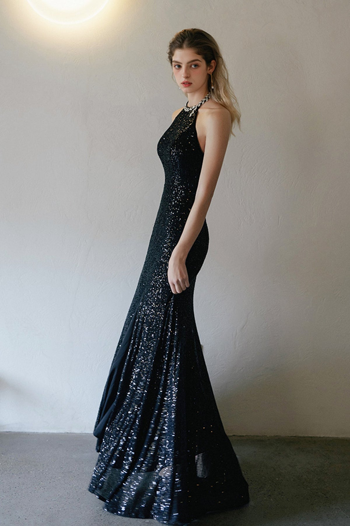 Black Sequined Halter Open-Back Evening Gown with High Slit