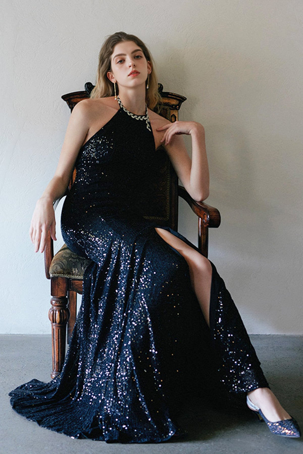 Black Sequined Halter Open-Back Evening Gown with High Slit