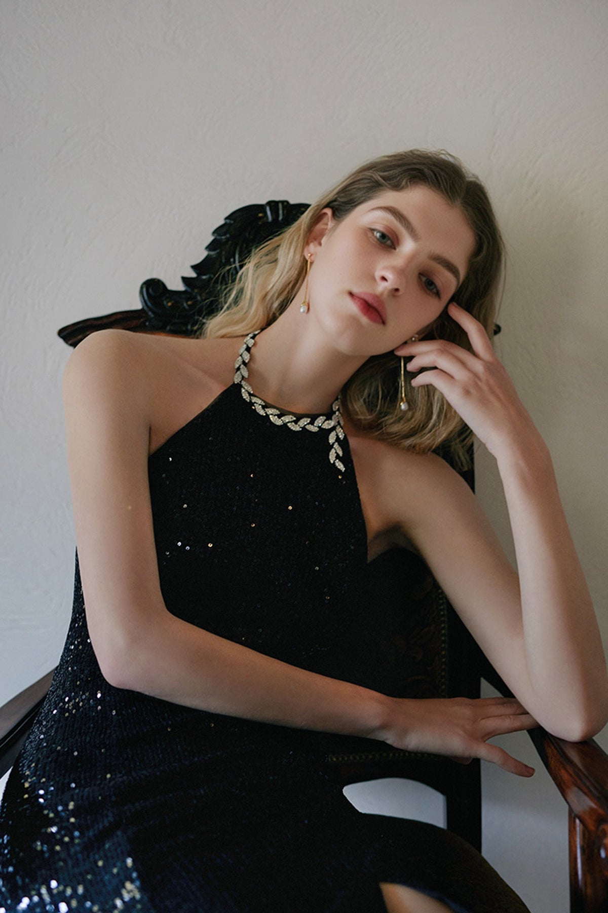 Black Sequined Halter Open-Back Evening Gown with High Slit