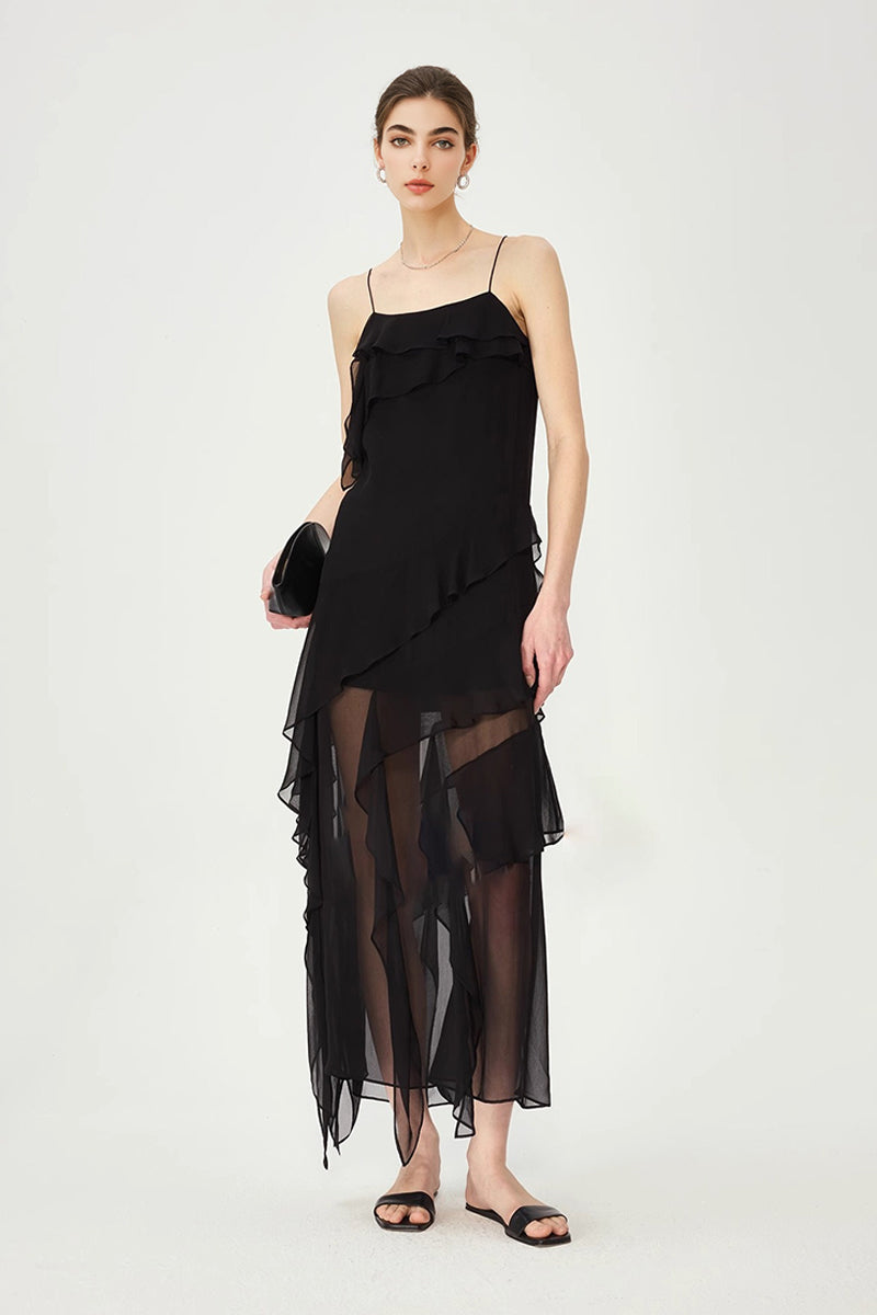 Black Silk-Blend Ruffle Slip Maxi Dress