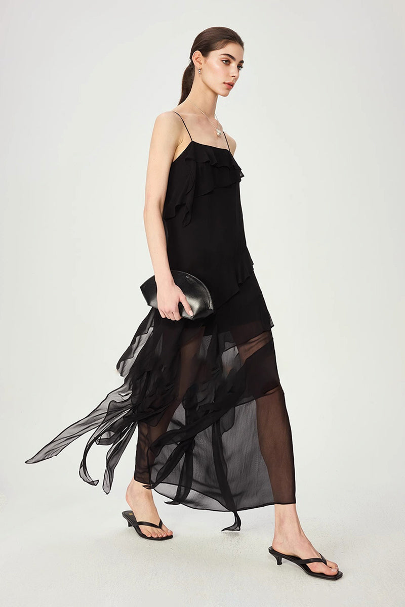 Black Silk-Blend Ruffle Slip Maxi Dress