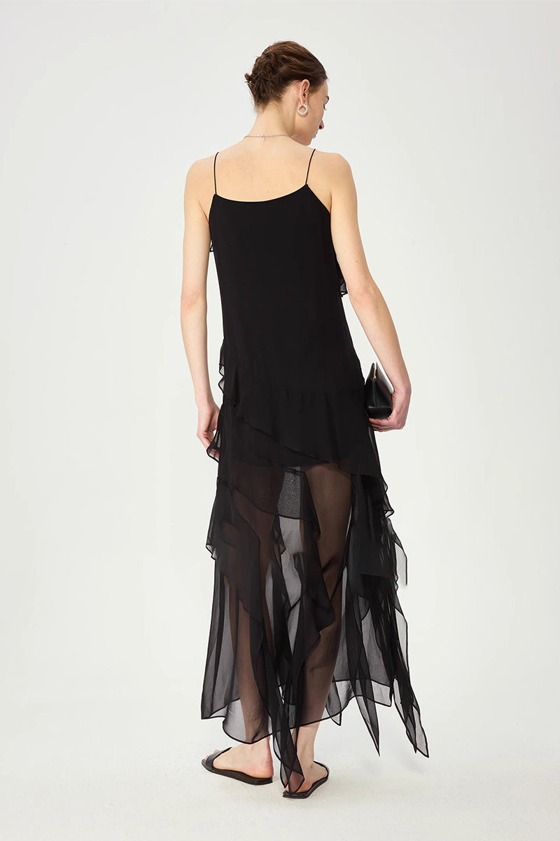 Black Silk-Blend Ruffle Slip Maxi Dress