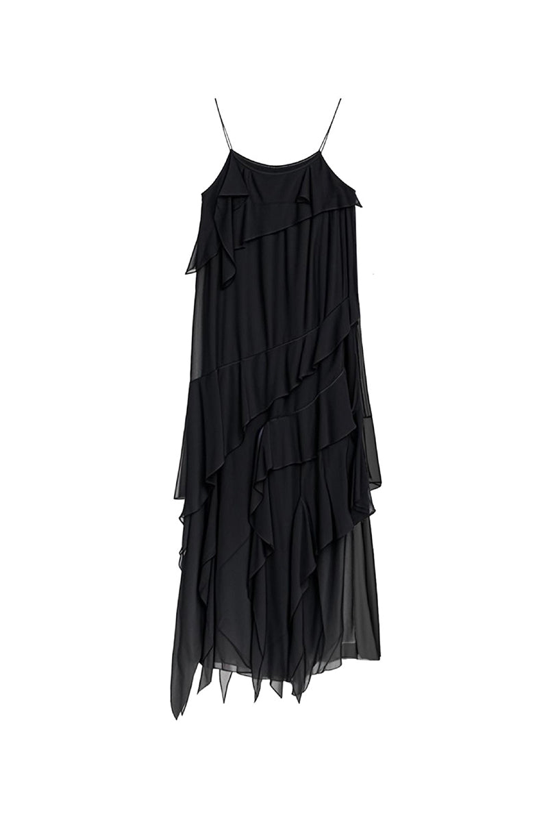 Black Silk-Blend Ruffle Slip Maxi Dress