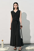 Black Silk V-Neck Tie-Waist Maxi Dress with Pockets