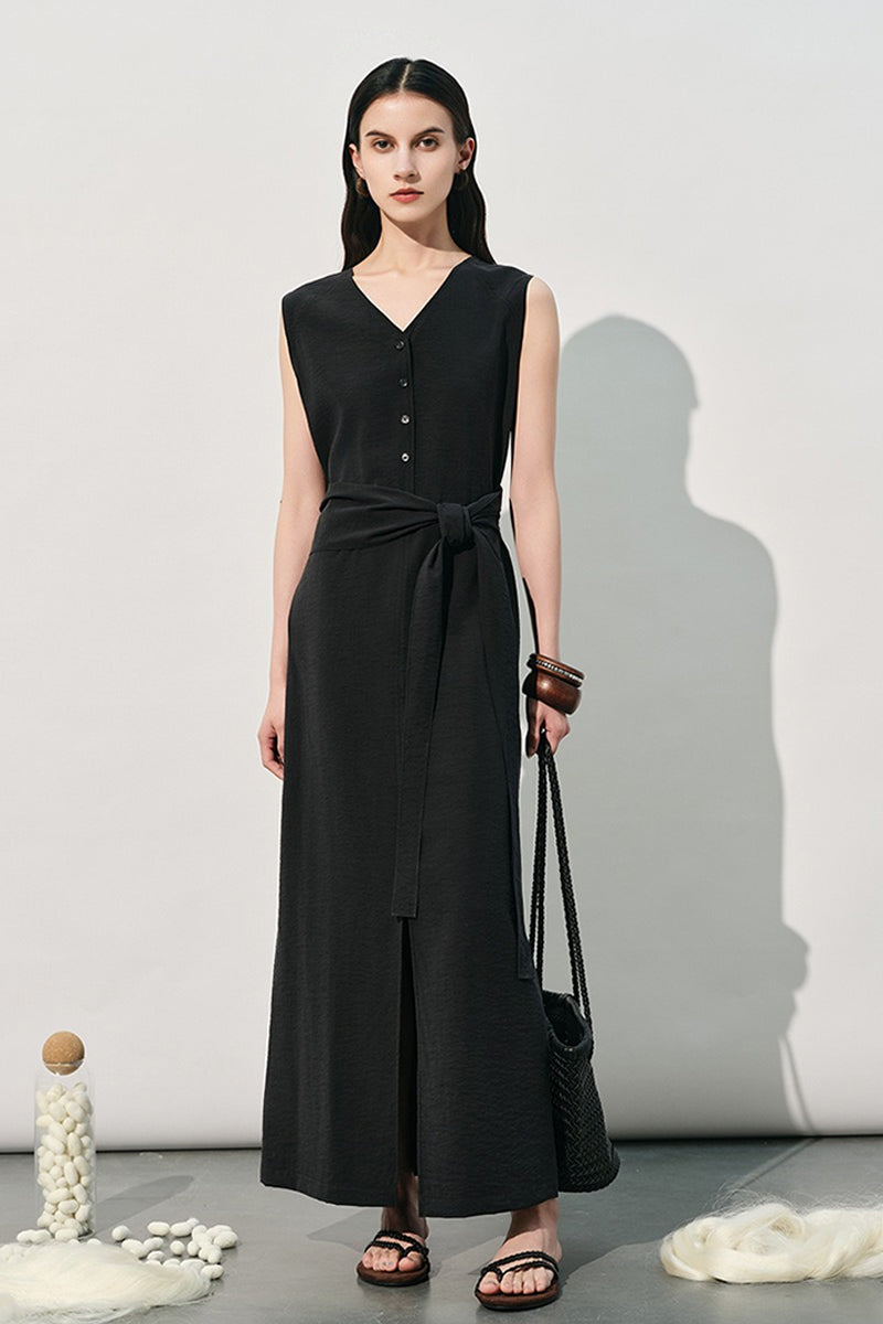 Black Silk V-Neck Tie-Waist Maxi Dress with Pockets