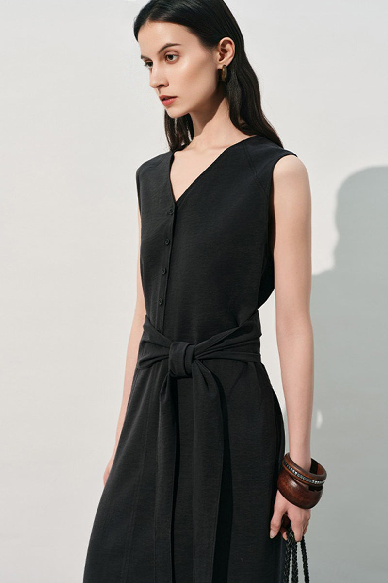 Black Silk V-Neck Tie-Waist Maxi Dress with Pockets