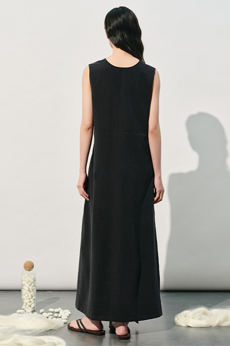 Black Silk V-Neck Tie-Waist Maxi Dress with Pockets