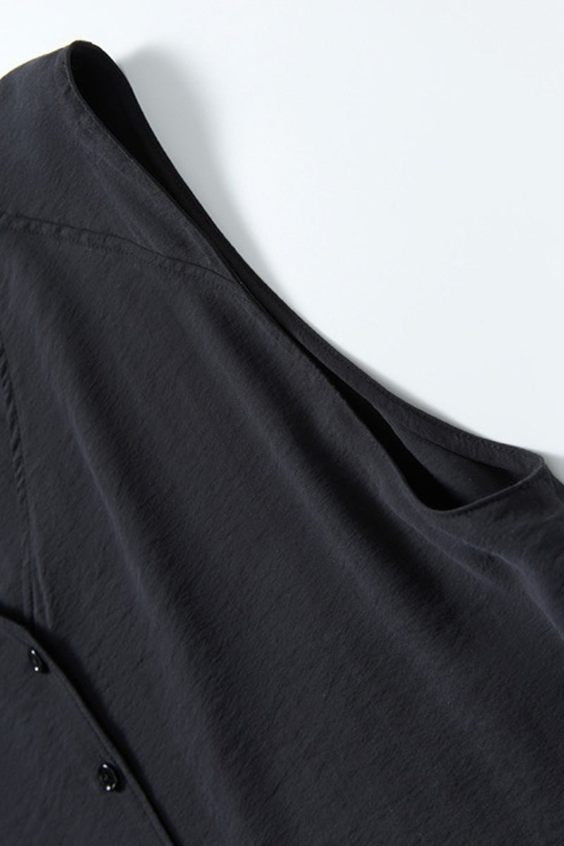 Black Silk V-Neck Tie-Waist Maxi Dress with Pockets