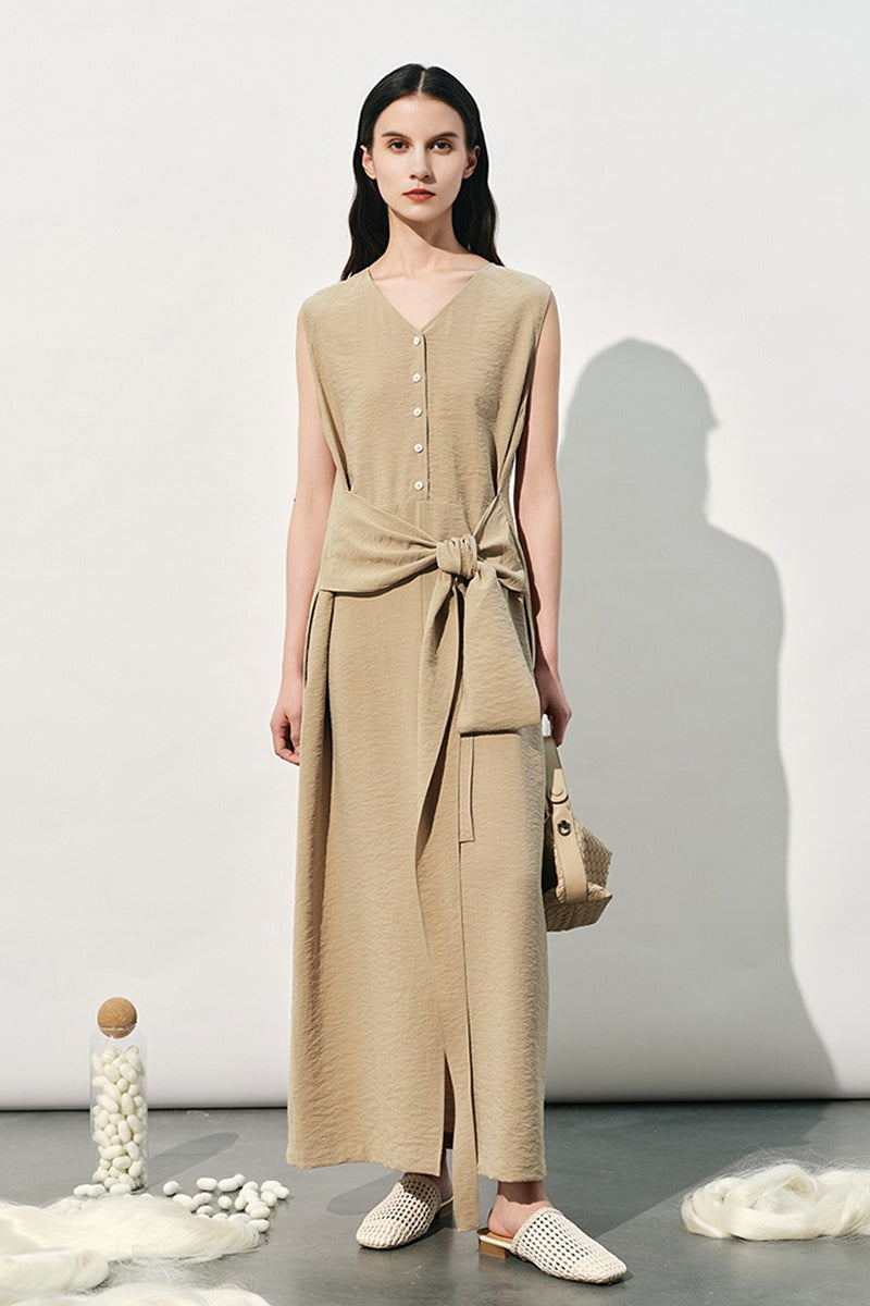Black Silk V-Neck Tie-Waist Maxi Dress with Pockets