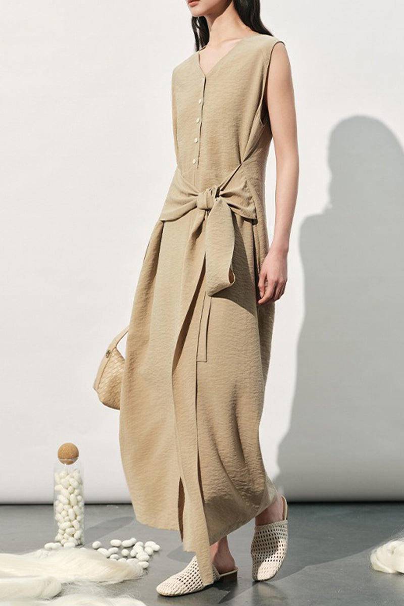 Black Silk V-Neck Tie-Waist Maxi Dress with Pockets